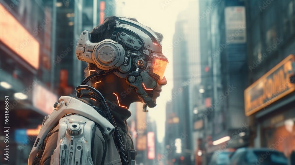Futuristic cyborg walking in city Futuristic cyborg walking in city