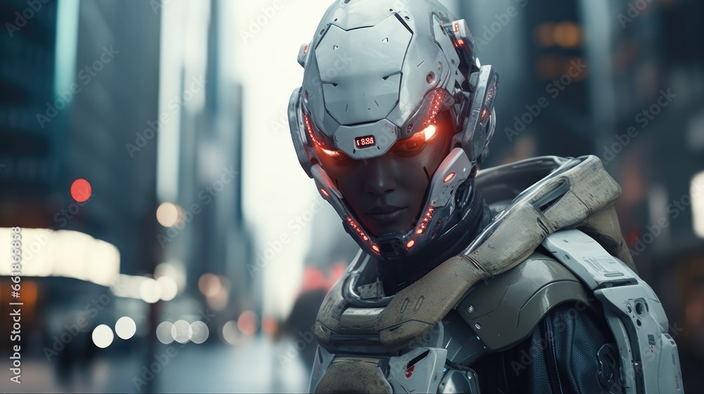 Futuristic cyborg walking in city Futuristic cyborg walking in city