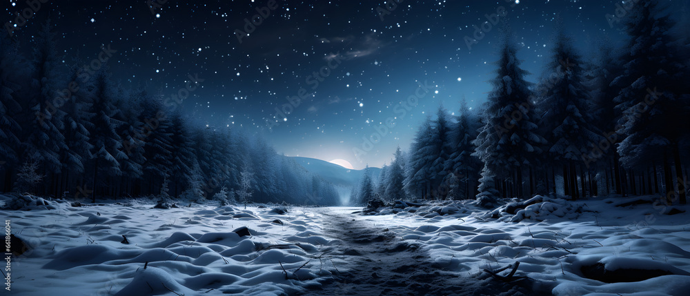 Midnight Serenity, Enchanting Snowy Forest with Moon and Stars Midnight Serenity, Enchanting Snowy Forest with Moon and Stars