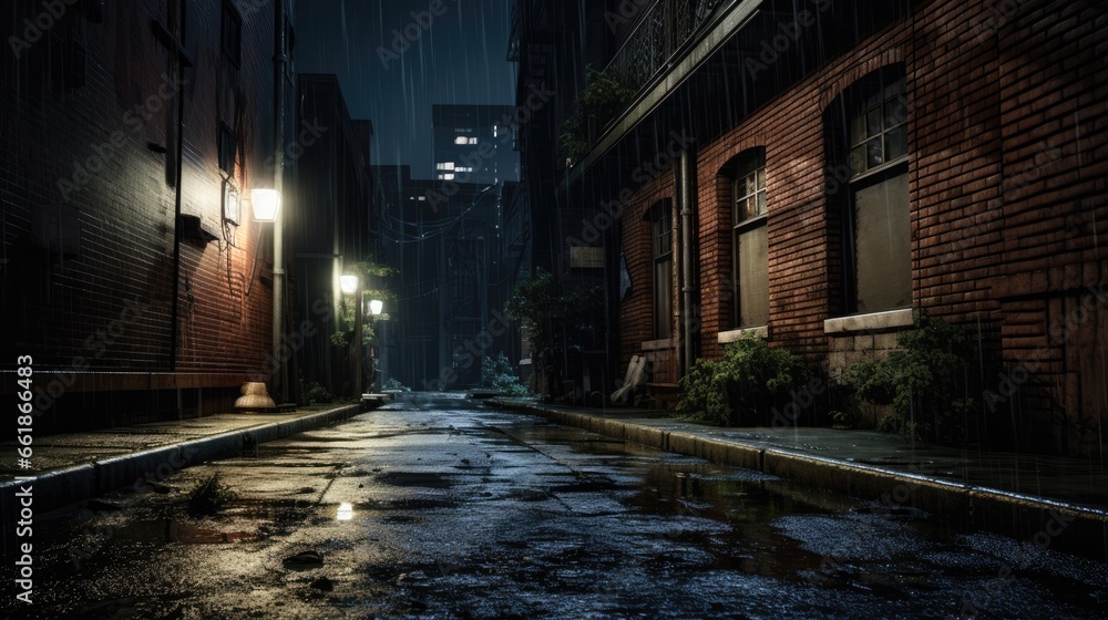 Gloomy alley with lighting