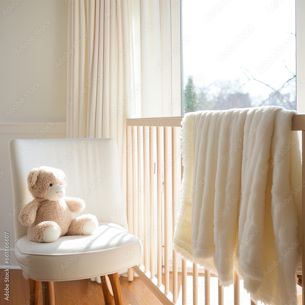 A baby's crib in a sunlit nursery. Great for stories on family, babies, childbirth, nursery, décor and more.  - obrazy, fototapety, plakaty 