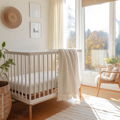 A baby's crib in a sunlit nursery. Great for stories on family, babies, childbirth, nursery, décor and more. 