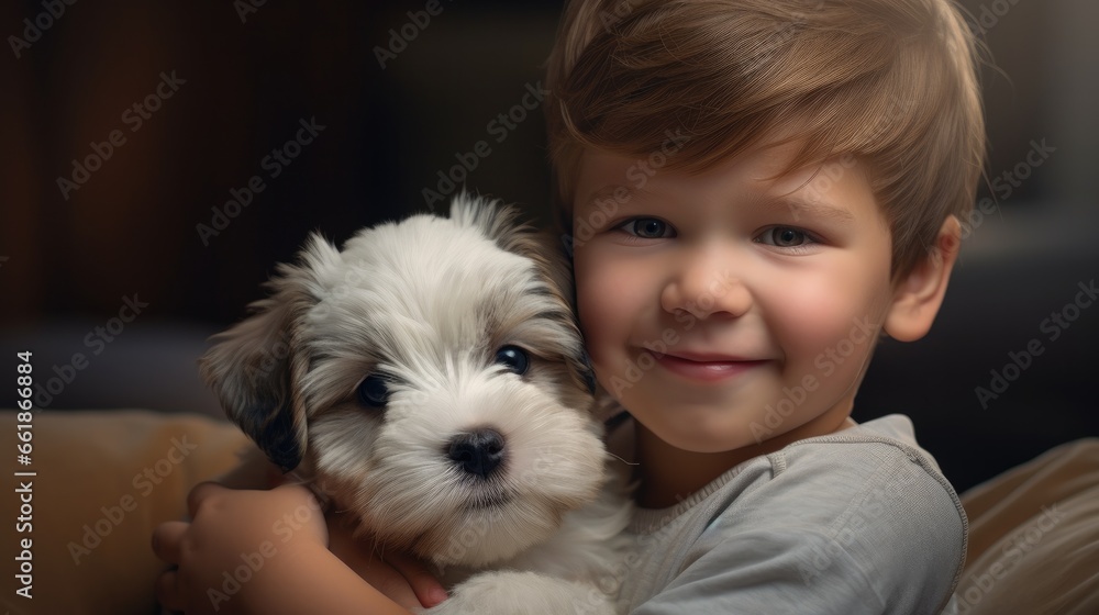 Happy little boy holding puppy Happy little boy holding puppy