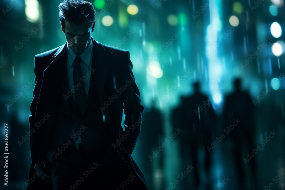 In a smoky and dimly lit space, a stylish businessman, dressed in an expensive luxury business suit, poses under a focused spotlight. Generative AI. In a smoky and dimly lit space, a stylish businessman, dressed in an expensive luxury business suit, poses under a focused spotlight. Generative AI.