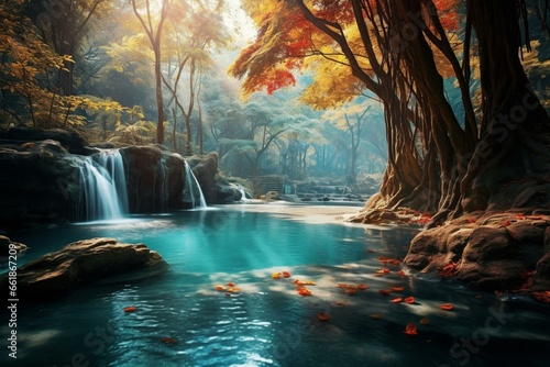 Beautiful scene of autumn near the Erawan waterfall, with a mesmerizing emerald pool. Generative AI