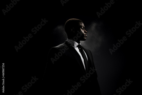 In a smoky and dimly lit space, a stylish businessman, dressed in an expensive luxury business suit, poses under a focused spotlight. Generative AI.