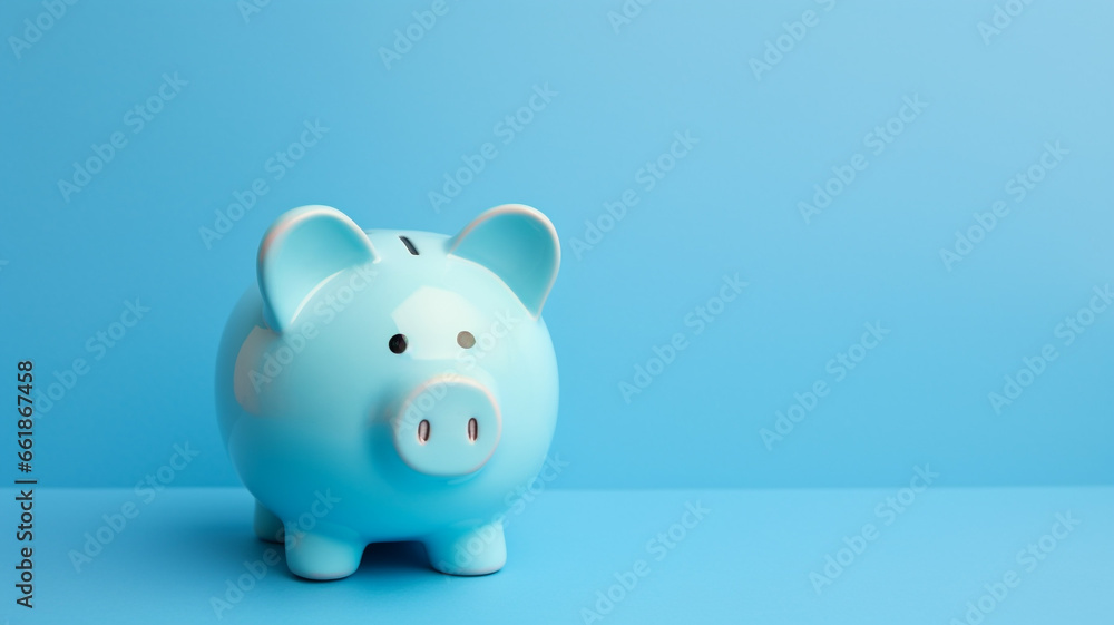 pig bank in blue background copy space, saving money concept