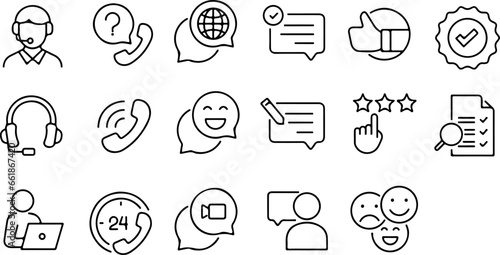 Pixel perfect icon set about customer support line, customer feedback and customer satisfaction. Thin line icons, flat vector illustrations, isolated on white, transparent background