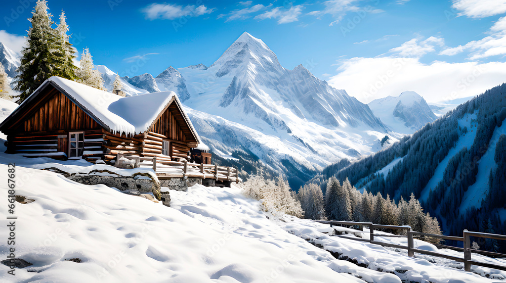 A mountain cabin in a snowy landscape