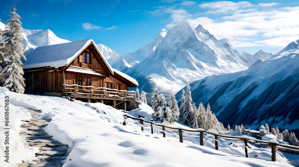 A mountain cabin in a snowy landscape - obrazy, fototapety, plakaty 