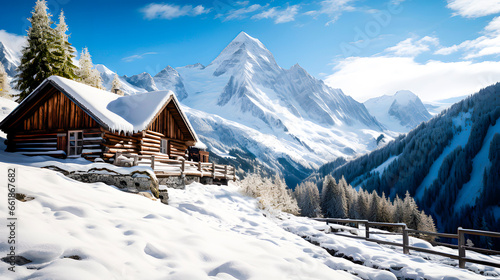 A mountain cabin in a snowy landscape © TopMicrobialStock