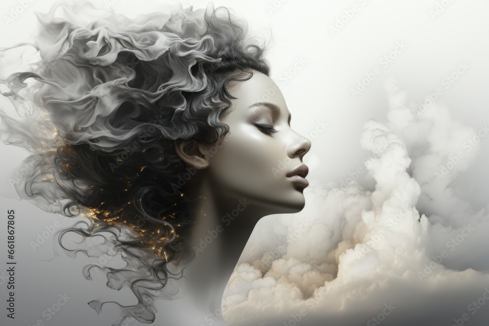 A woman with smoke coming out of her hair. AI image. A woman with smoke coming out of her hair. AI image.