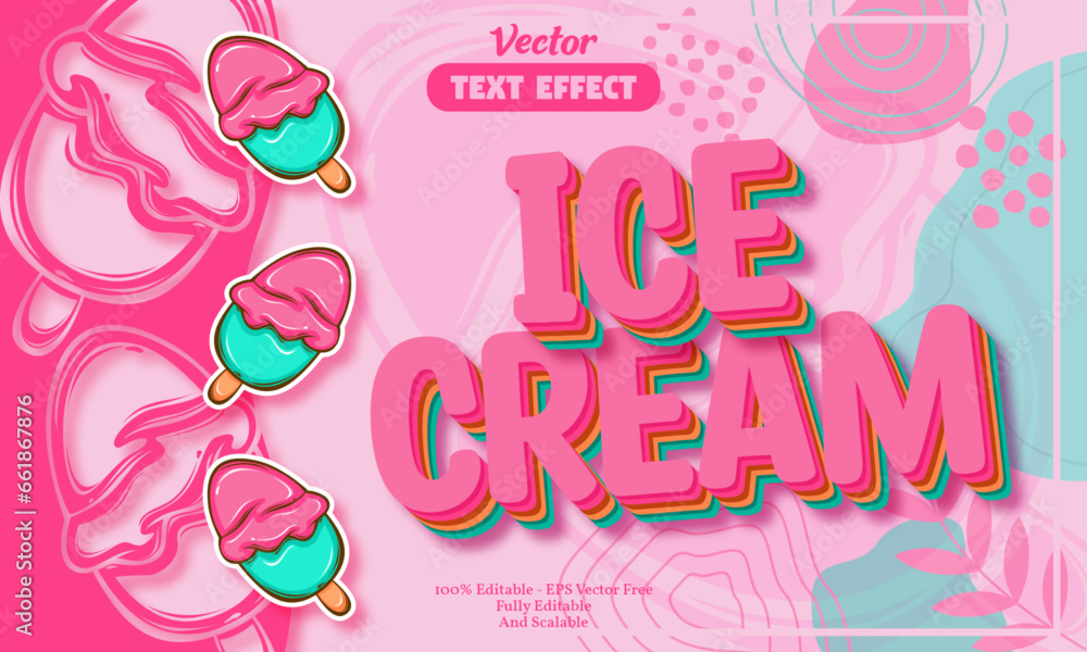Naklejka premium Ice Cream editable text effect with seamless pink ice cream hand drawn pattern