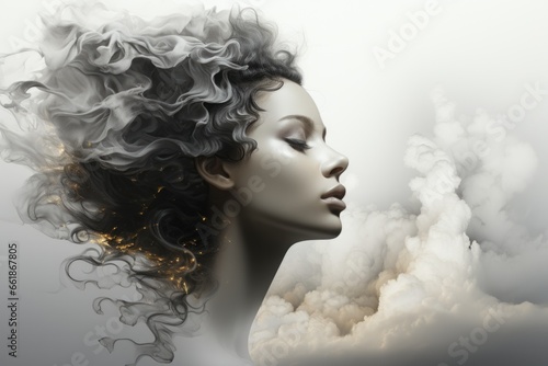 A woman with smoke coming out of her hair. AI image.
