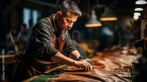 craftsman working with leather in workshop © RozaStudia