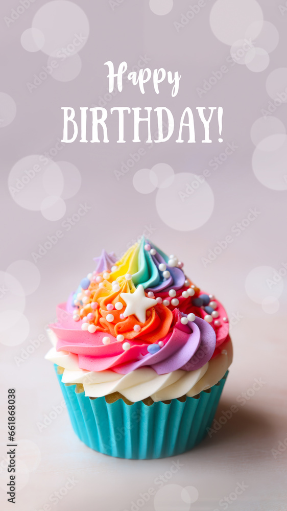 A close up of a cupcake on a table. AI image. Text Happy Birthday. A close up of a cupcake on a table. AI image. Text Happy Birthday.