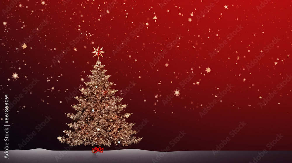 Christmas tree greeting card on snowy red background. Invitation for Christmas and New Year Christmas tree greeting card on snowy red background. Invitation for Christmas and New Year