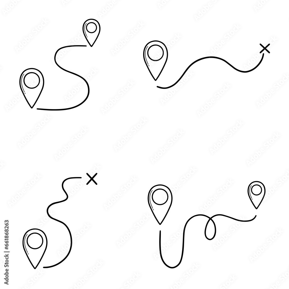 Map distance measuring doodle set. Navigation sign, location pointers, map pins Gps navigation