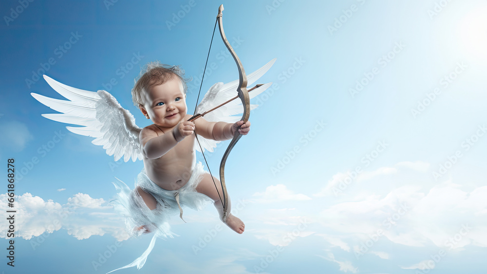 Baby cupid angel with wings bow and arrow flying on the blue sky background. - obrazy, fototapety, plakaty 