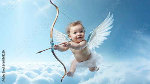 Baby cupid angel with wings bow and arrow flying on the blue sky background. photo