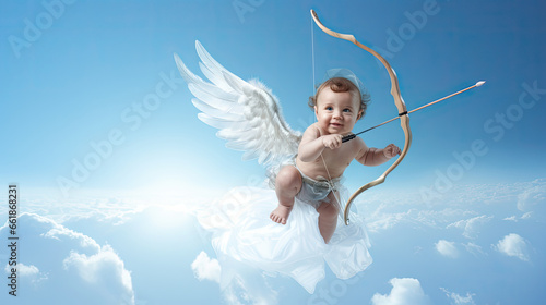 Baby cupid angel with wings bow and arrow flying on the blue sky background. photo