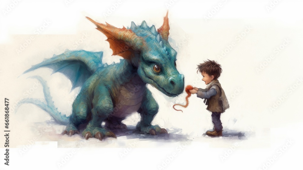 The dragon is a symbol of the new year according to the eastern calendar and a small child together on a white background. The dragon is a symbol of the new year according to the eastern calendar and a small child together on a white background.