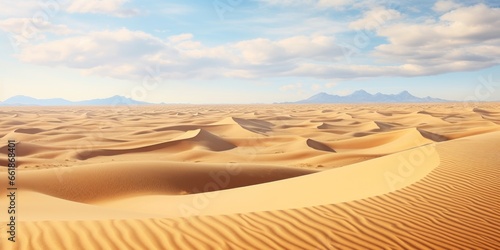 A view of a desert with sand dunes and mountains in the distance. AI image.