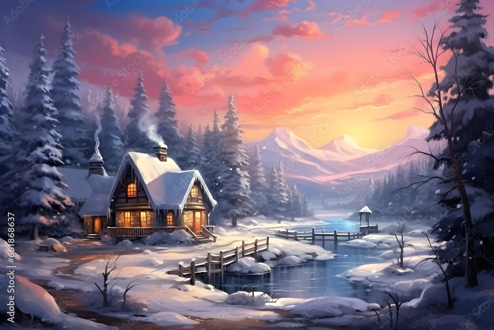 Winter Wonderland, Festive Christmas House with Snow-Covered Landscape and Warm Glowing Lights
