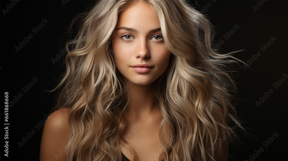 Beautiful smiling woman with long blonde wavy hair on a black background. Girl with beautiful hairstyle. content for a beauty salon and spa center.