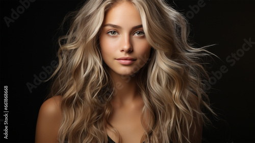 Beautiful smiling woman with long blonde wavy hair on a black background. Girl with beautiful hairstyle. content for a beauty salon and spa center. 