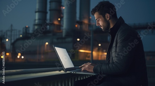 Male engineer using a laptop in front of an electric power station photo