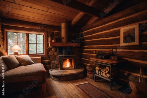 Inviting cabin with fireplace and cozy blankets. Generative AI