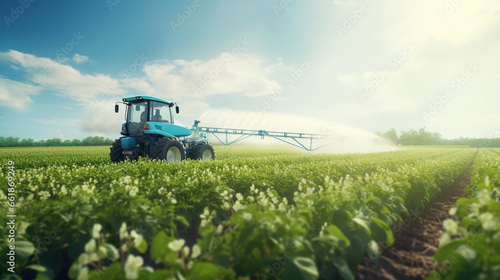 Tractor spraying pesticides at soy bean field. Tractor spraying pesticides at soy bean field.