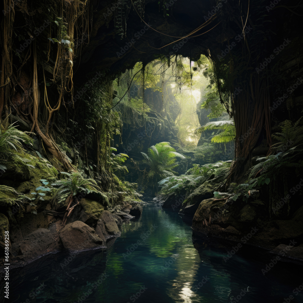 Landscape View Of One Beautiful beautiful Rainforest cave in green nature landscape