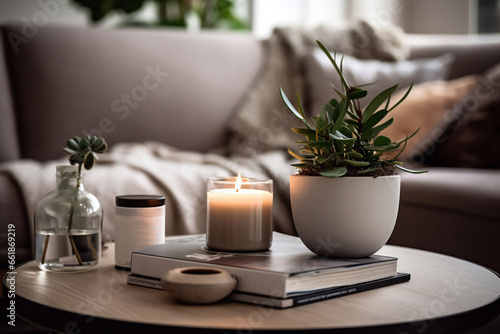 cozy Modern Coffee table decor with books, a plant, books, and decorative objects
