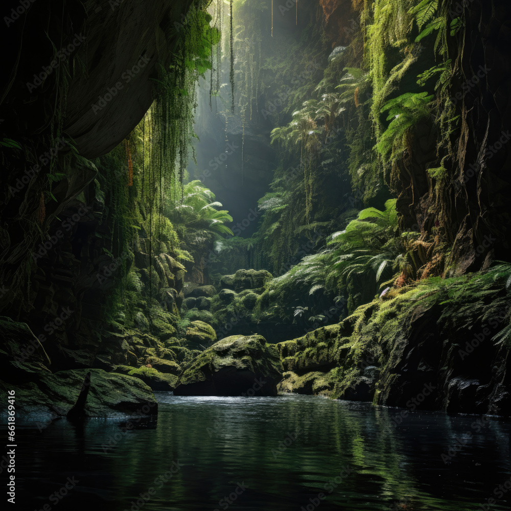 Stone cave interior with small river and lake surrounded by vegetation of jungle