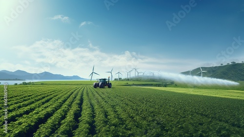 Tractor spraying pesticides at soy bean field.