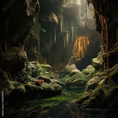 Rainforest cave in green nature landscape. Forest with leafy lush trees and plants. Natural cavern in tropical paradise at jungle.