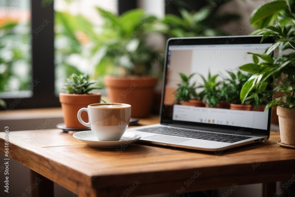 cup of coffee and laptop on table - Office Desk with Laptop, Coffee Cup, and Potted Plant on Wood Table cup of coffee and laptop on table - Office Desk with Laptop, Coffee Cup, and Potted Plant on Wood Table