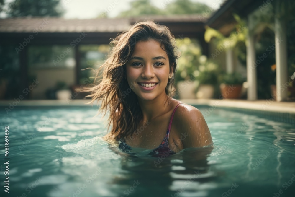 woman in pool - Smiling Young Woman Enjoying Vacation at the Pool
