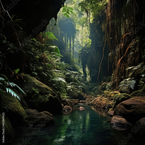 Stone cave interior with small river and lake surrounded by vegetation of jungle