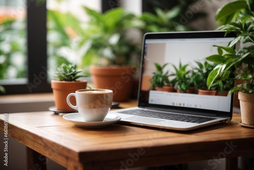 cup of coffee and laptop on table - Office Desk with Laptop, Coffee Cup, and Potted Plant on Wood Table