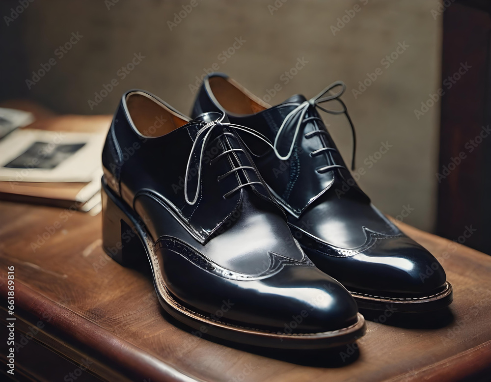 handmade black leather shoes for men, vintage style, generative ai