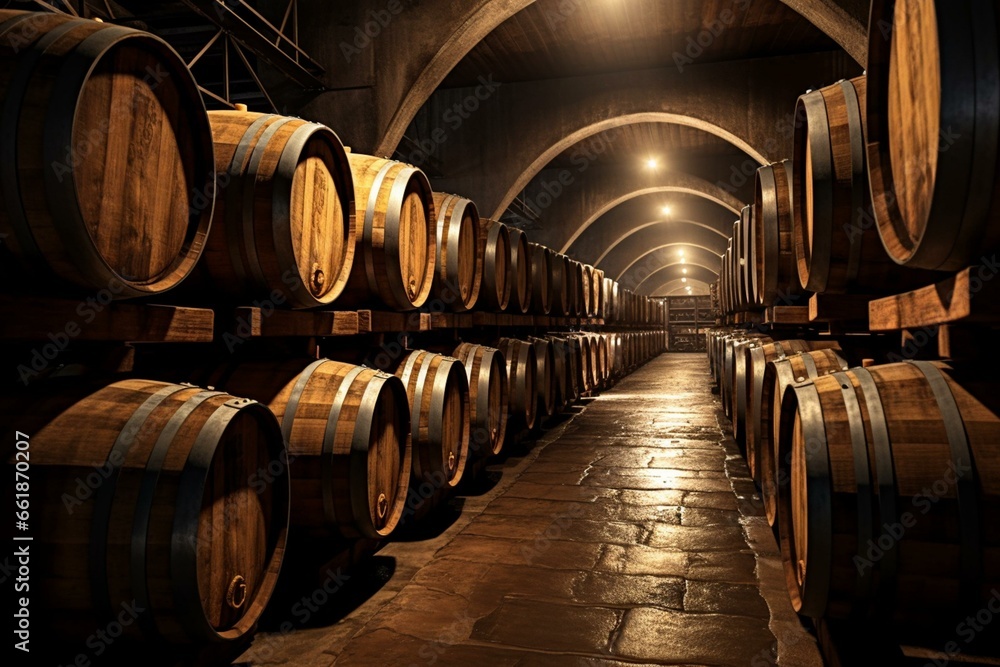 Large cellar with rows of wooden barrels containing beverages. Generative AI