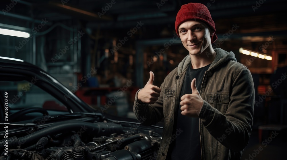 Mechanic posing with a wrench in his hand and gesturing thumbs up