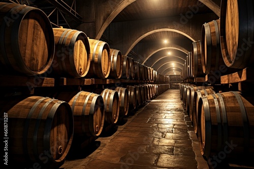 Large cellar with rows of wooden barrels containing beverages. Generative AI