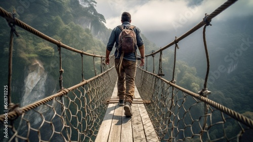 A hiker crosses a foot bridge  photo