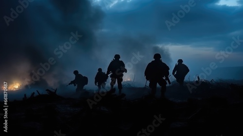 Military Silhouettes Fighting Scene on war Fog Sky