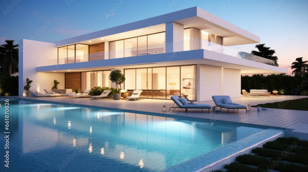 Modern white house exterior with swimming pool  