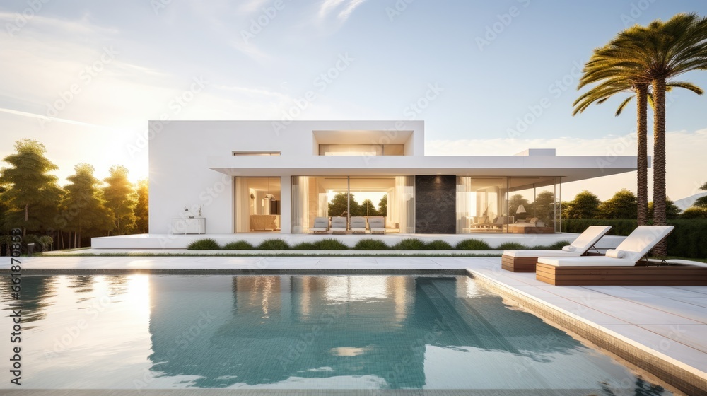 Modern white house exterior with swimming pool  
